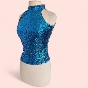 Y2K Vintage Sequin Sparkly Bright Blue Turtleneck Cheer Dance Zip Up Tank Top